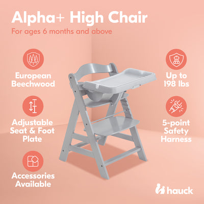 hauck Alpha+ Adjustable Booster High Chair and High Chair Tray Table, Grey