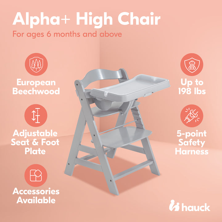 hauck Alpha+ Adjustable Booster High Chair and High Chair Tray Table, Grey