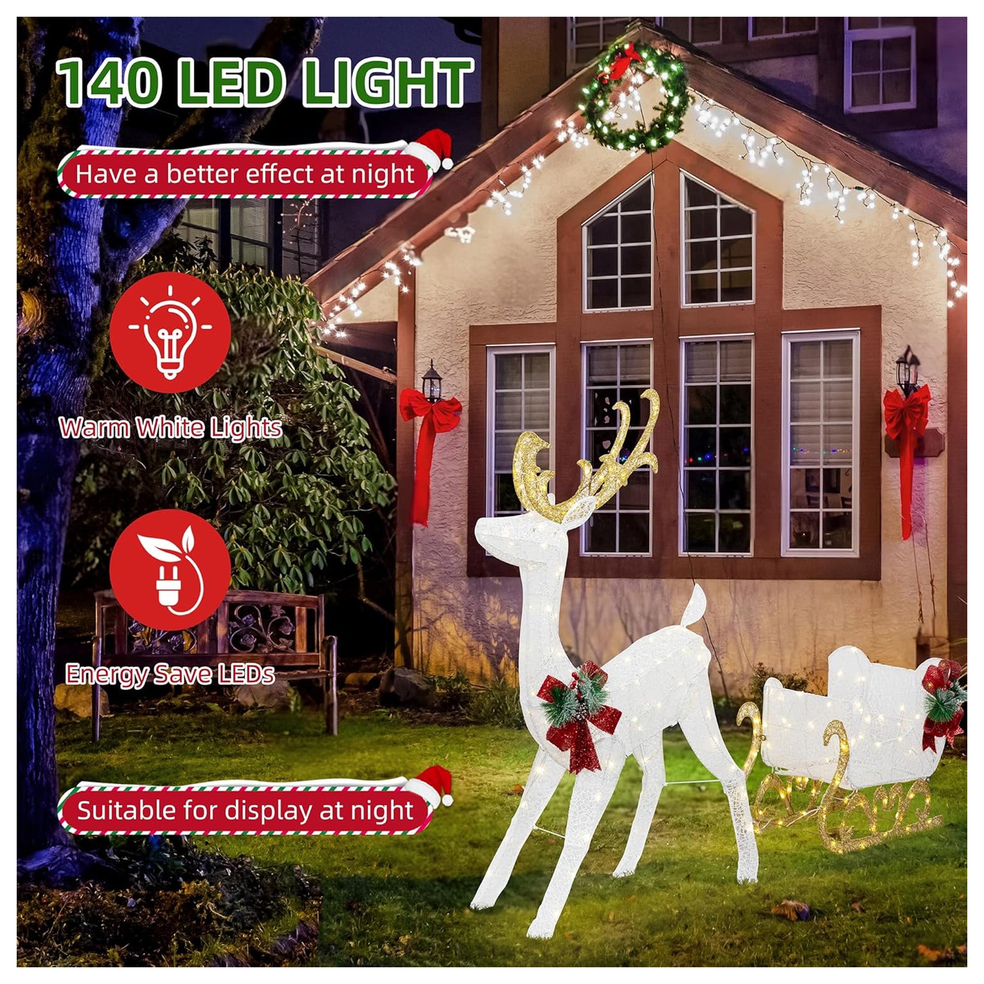 DL-win Christmas Reindeer and Sleigh Outdoor Lighted Decoration Set, White(Used) - VMInnovations