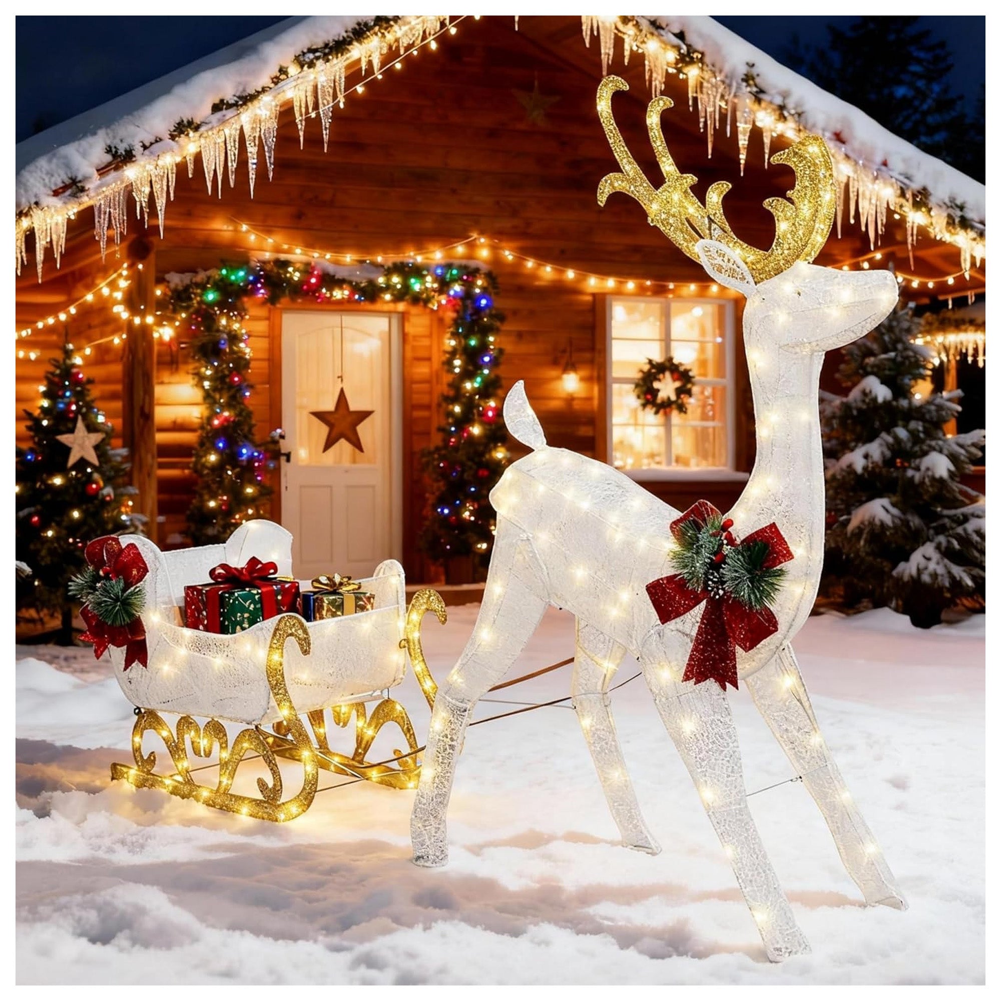 DL-win Christmas Reindeer and Sleigh Outdoor Lighted Decoration Set, White(Used) - VMInnovations
