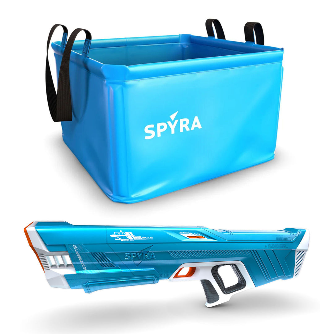 SPYRA Electric Water Blaster Outdoor Squirt Gun & Foldable Water Container, Blue