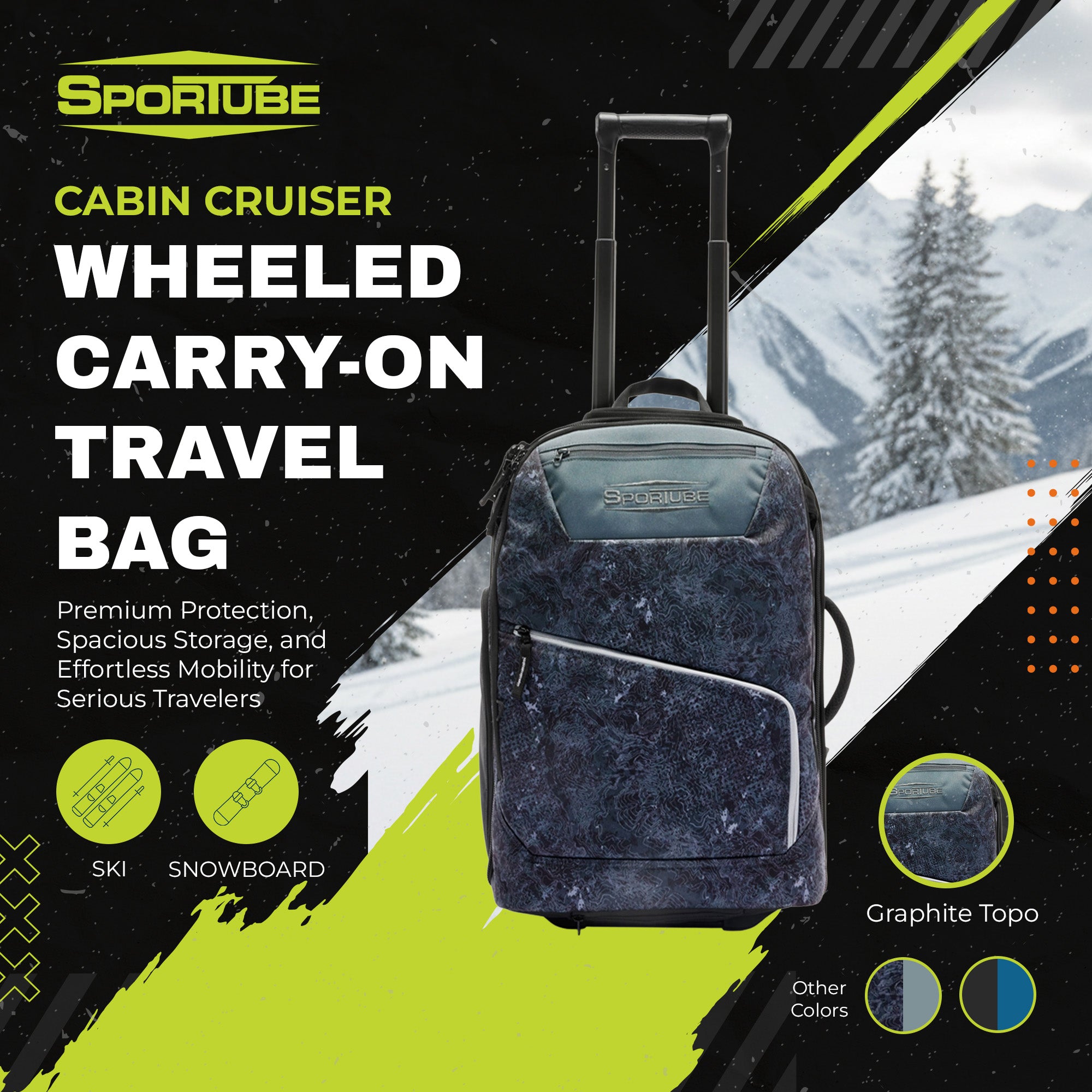 Sportube Cabin Cruiser Wheeled Carry-On Boot Bag Travel Gear, Graphite Topo - VMInnovations
