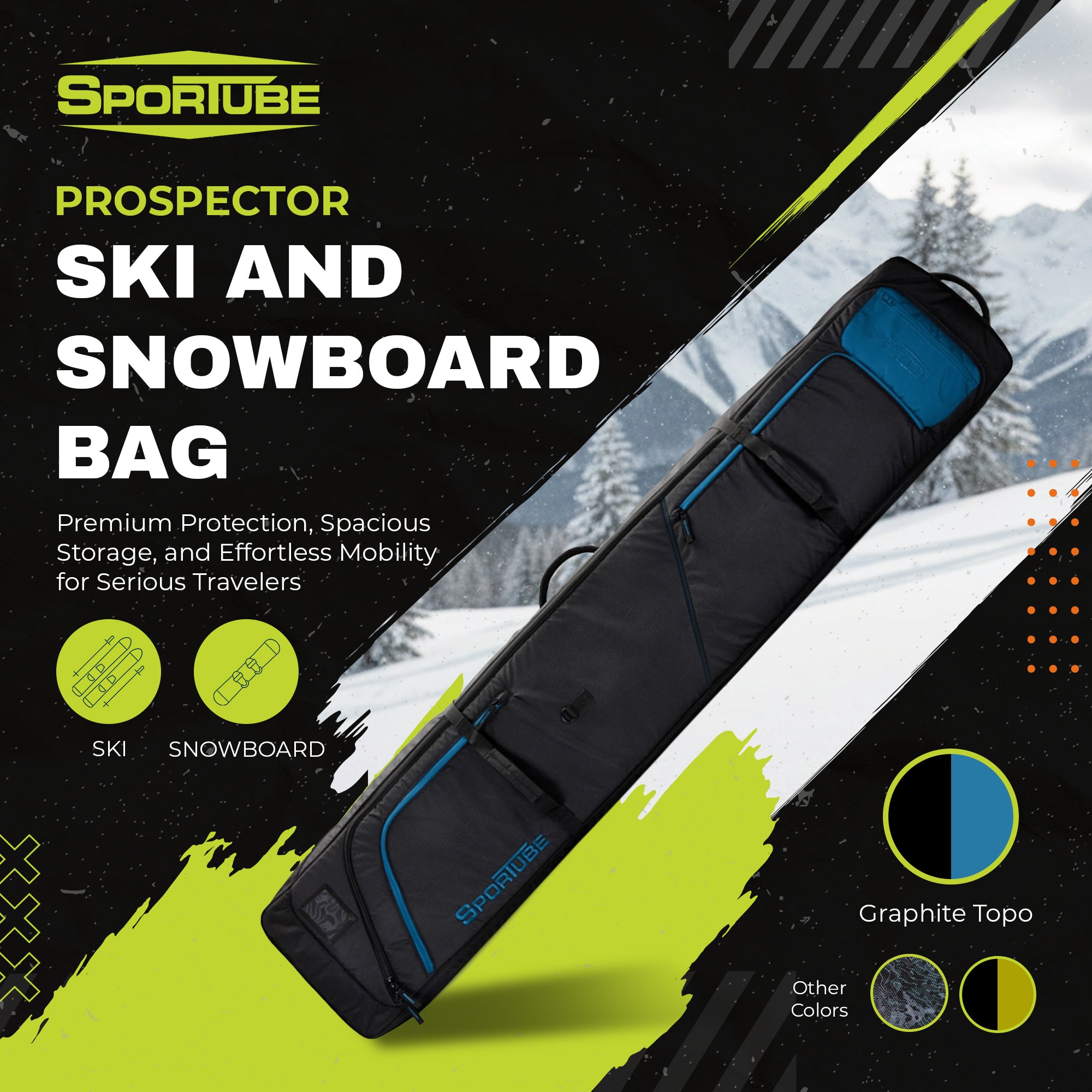 Sportube Prospector Ski and Snowboard Bag with Wheels and Removable Dividers - VMInnovations