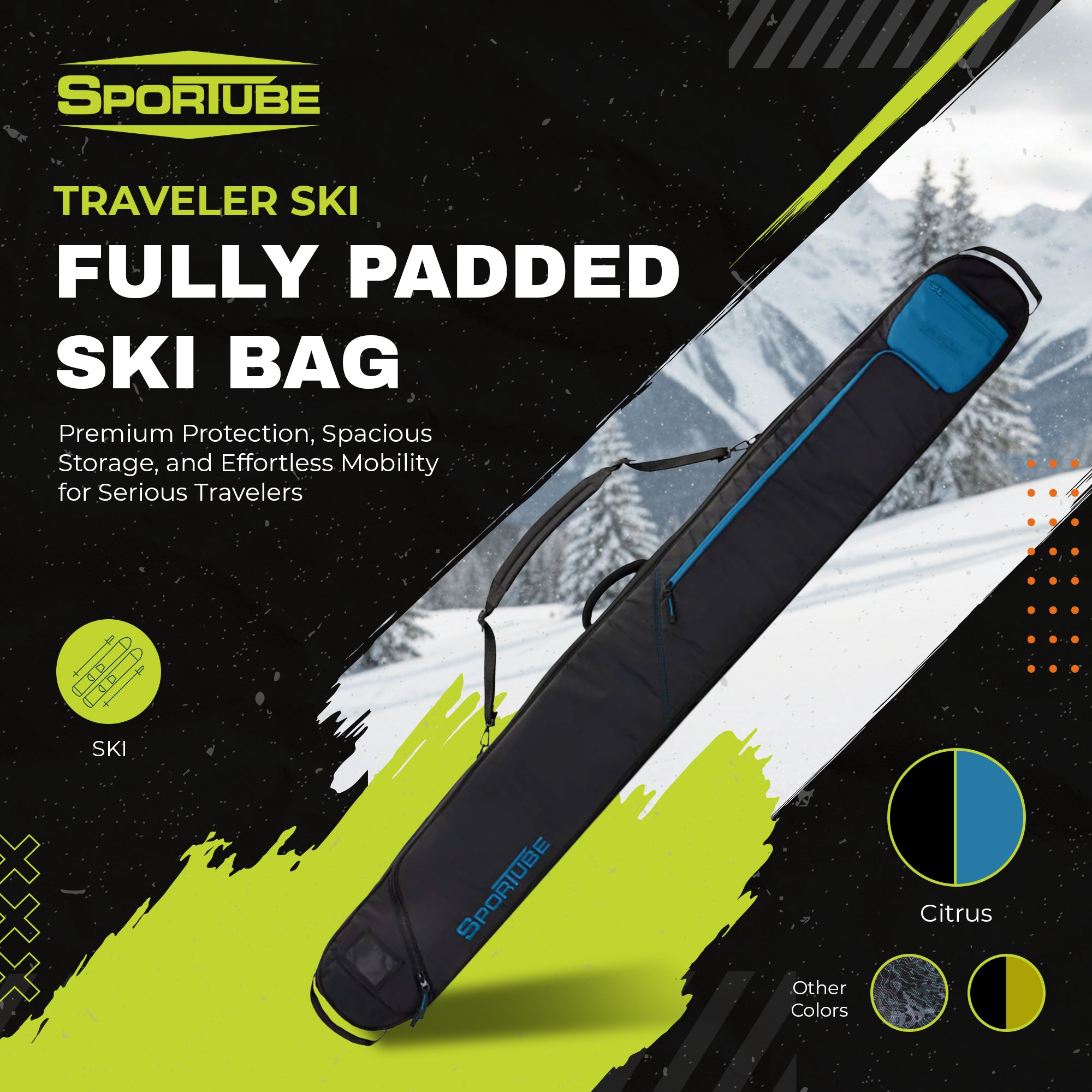 Sportube Traveler Lightweight Fully Padded Single Pair Ski Bag w/ Storage Pocket - VMInnovations