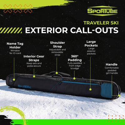 Sportube Traveler Lightweight Fully Padded Single Pair Ski Bag w/ Storage Pocket - VMInnovations