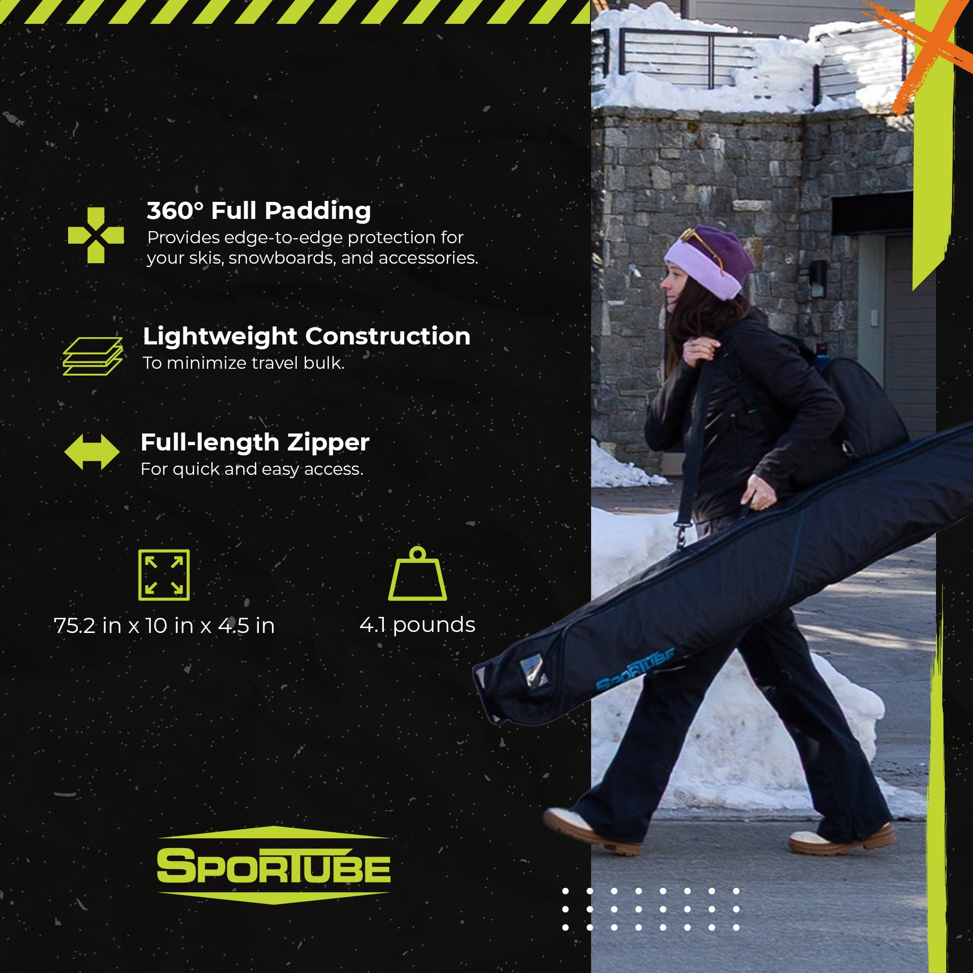 Sportube Traveler Lightweight Fully Padded Single Pair Ski Bag w/ Storage Pocket - VMInnovations
