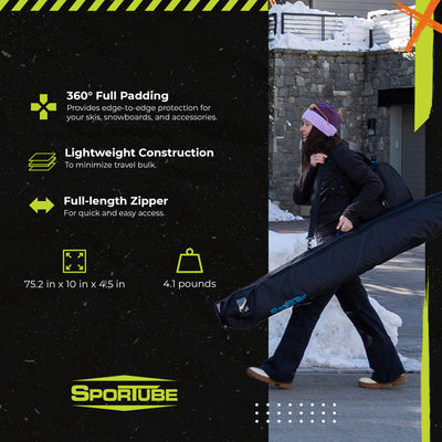 Sportube Traveler Lightweight Fully Padded Single Pair Ski Bag w/ Storage Pocket - VMInnovations