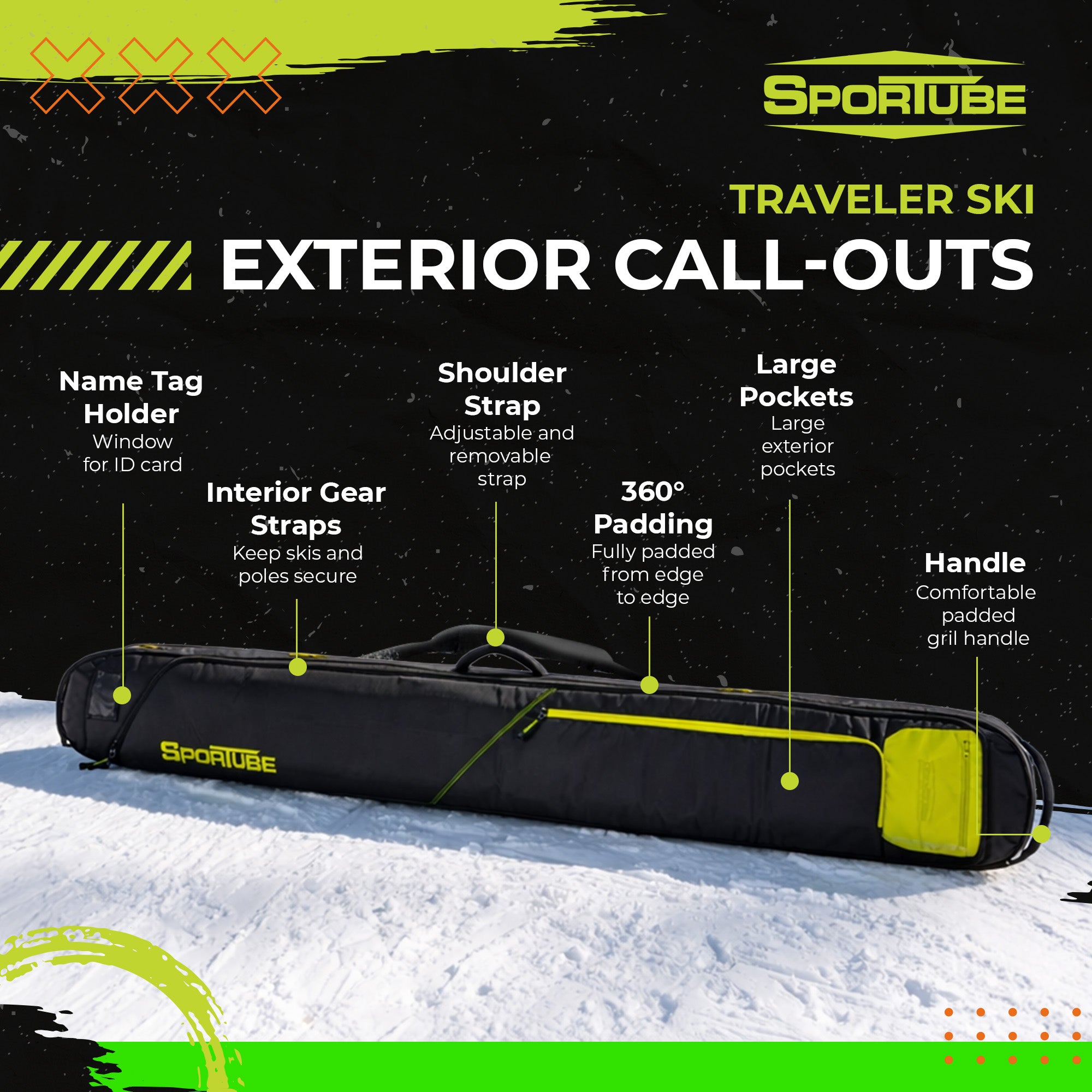 Sportube Traveler Lightweight Fully Padded Single Pair Ski Bag w/ Storage Pocket - VMInnovations