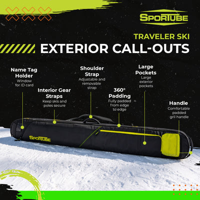 Sportube Traveler Lightweight Fully Padded Single Pair Ski Bag w/ Storage Pocket - VMInnovations