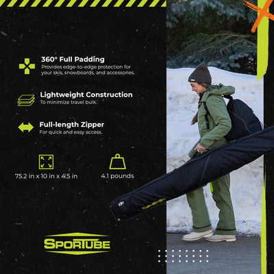 Sportube Traveler Lightweight Fully Padded Single Pair Ski Bag w/ Storage Pocket - VMInnovations