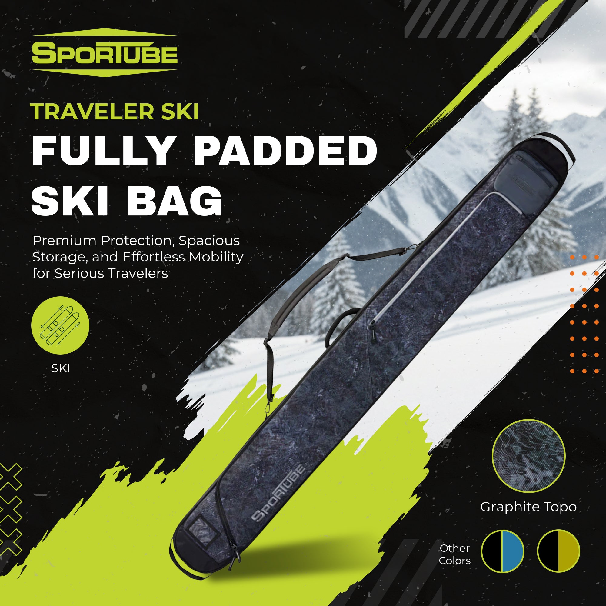 Sportube Traveler Lightweight Fully Padded Single Pair Ski Bag w/ Storage Pocket - VMInnovations