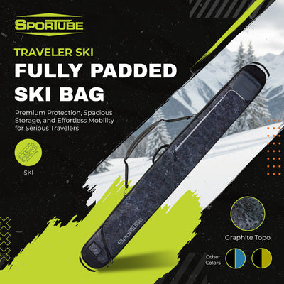Sportube Traveler Lightweight Fully Padded Single Pair Ski Bag w/ Storage Pocket - VMInnovations