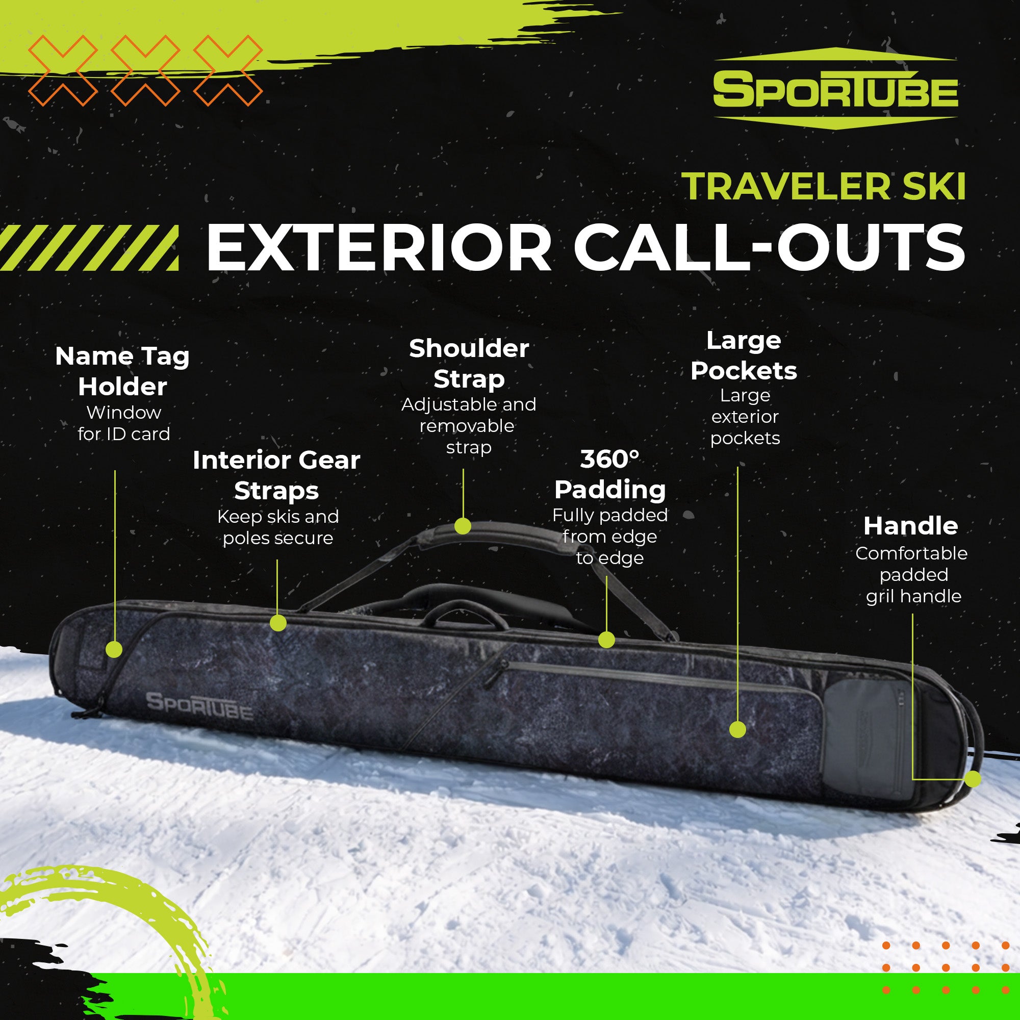 Sportube Traveler Lightweight Fully Padded Single Pair Ski Bag w/ Storage Pocket - VMInnovations