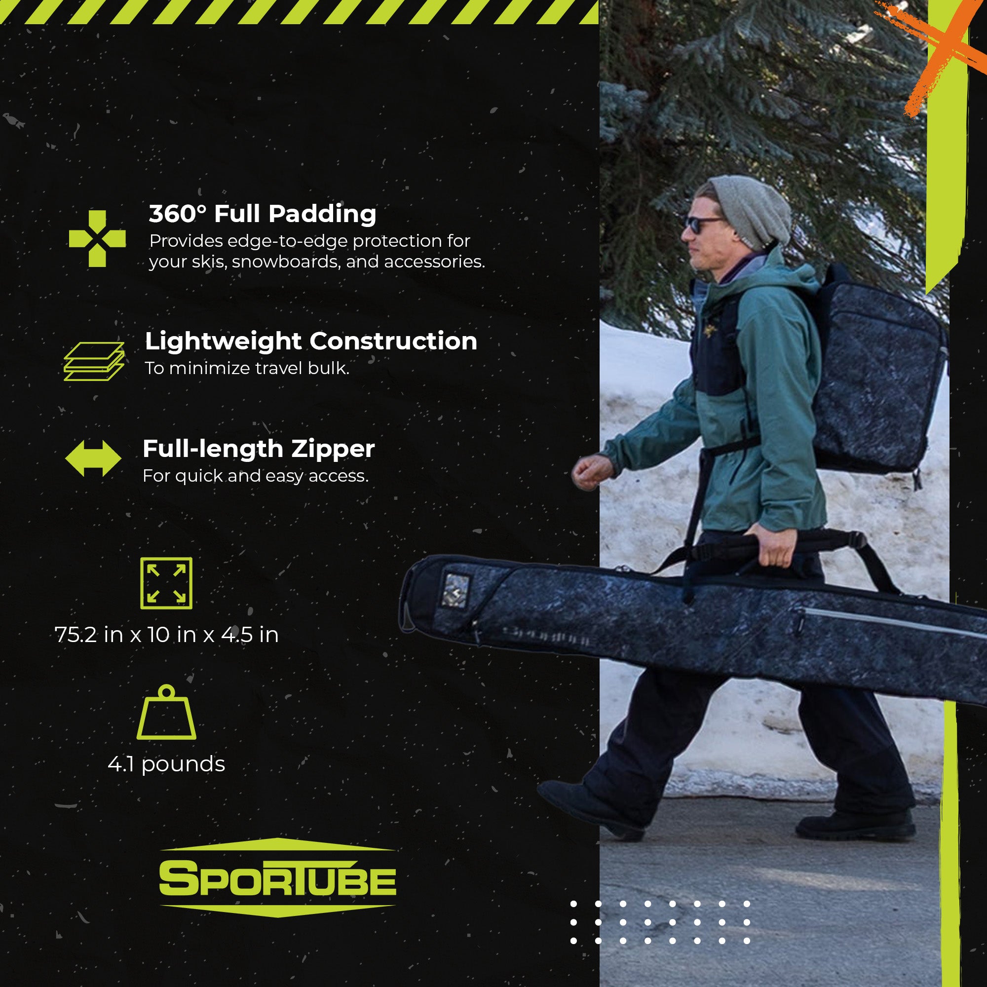 Sportube Traveler Lightweight Fully Padded Single Pair Ski Bag w/ Storage Pocket - VMInnovations