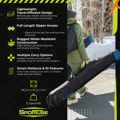 Sportube Wanderer Ski Sleeve Lightweight Bag with Full-Length Zipper Compartment - VMInnovations