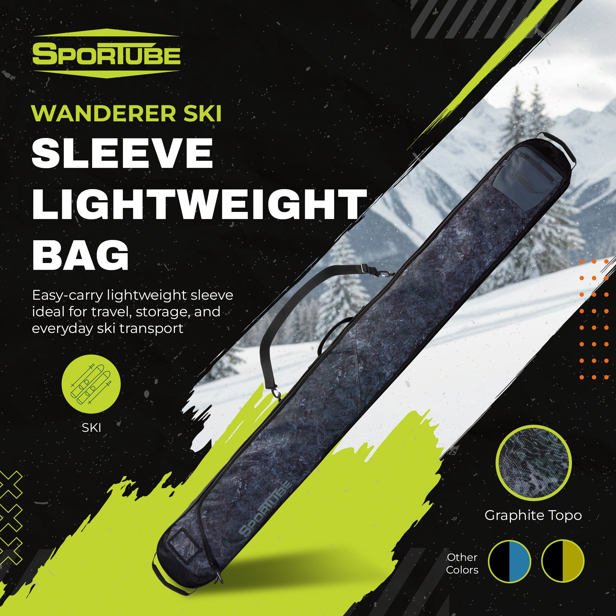 Sportube Wanderer Ski Sleeve Lightweight Bag with Full-Length Zipper Compartment - VMInnovations