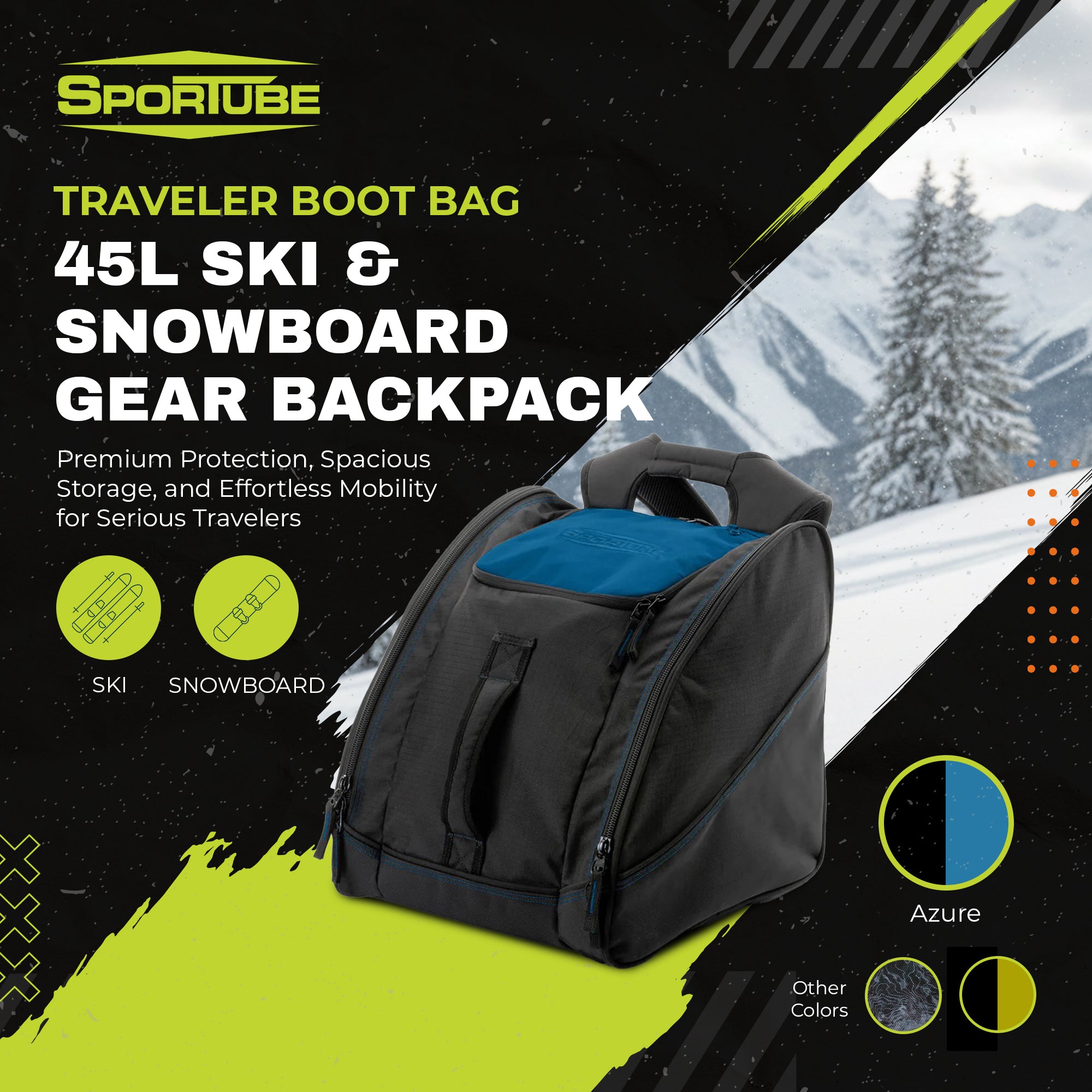 Sportube Traveler Boot Bag, 45L Ski & Snowboard Gear Backpack for Travel, Azure - VMInnovations