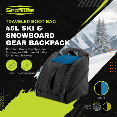 Sportube Traveler Boot Bag, 45L Ski & Snowboard Gear Backpack for Travel, Azure - VMInnovations