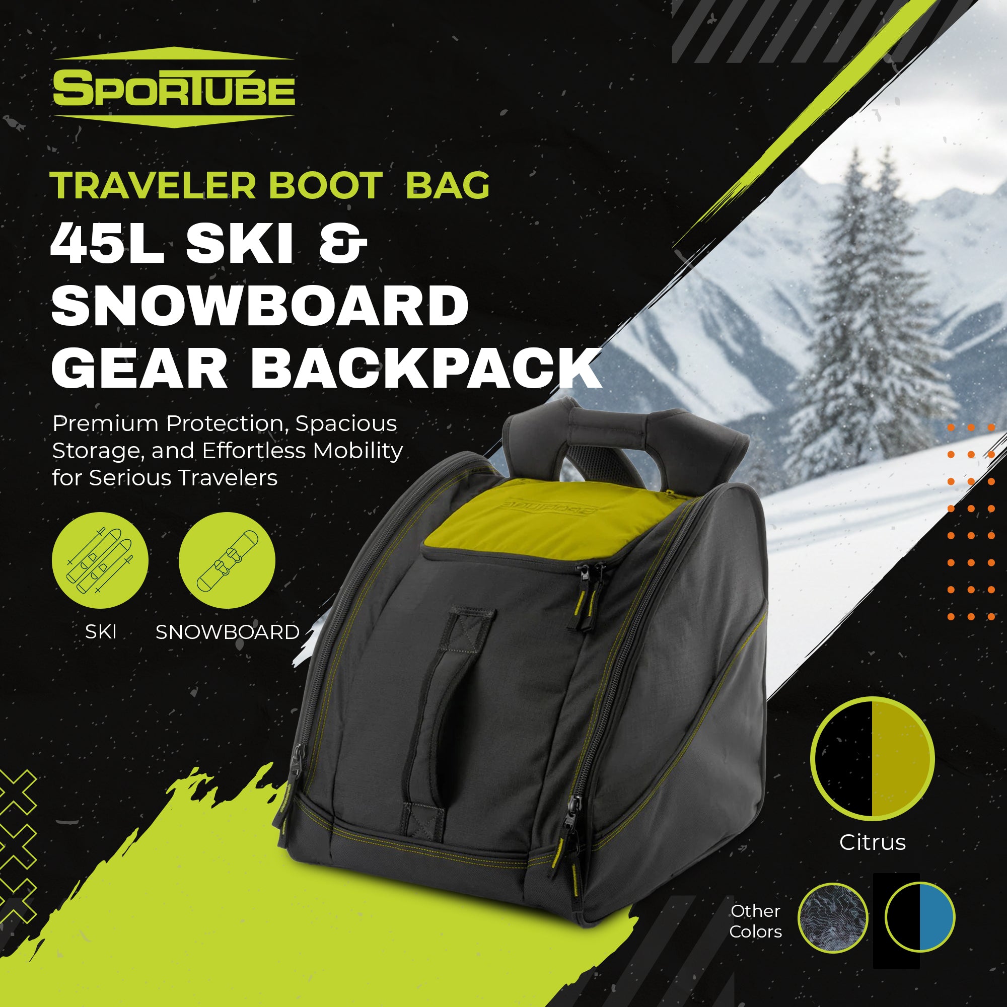 Sportube Traveler Boot Bag, 45L Ski & Snowboard Gear Backpack for Travel, Citrus - VMInnovations