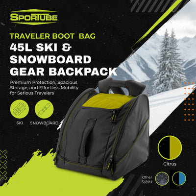 Sportube Traveler Boot Bag, 45L Ski & Snowboard Gear Backpack for Travel, Citrus - VMInnovations