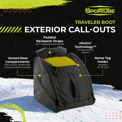 Sportube Traveler Boot Bag, 45L Ski & Snowboard Gear Backpack for Travel, Citrus - VMInnovations