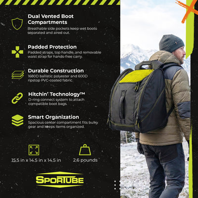 Sportube Traveler Boot Bag, 45L Ski & Snowboard Gear Backpack for Travel, Citrus - VMInnovations