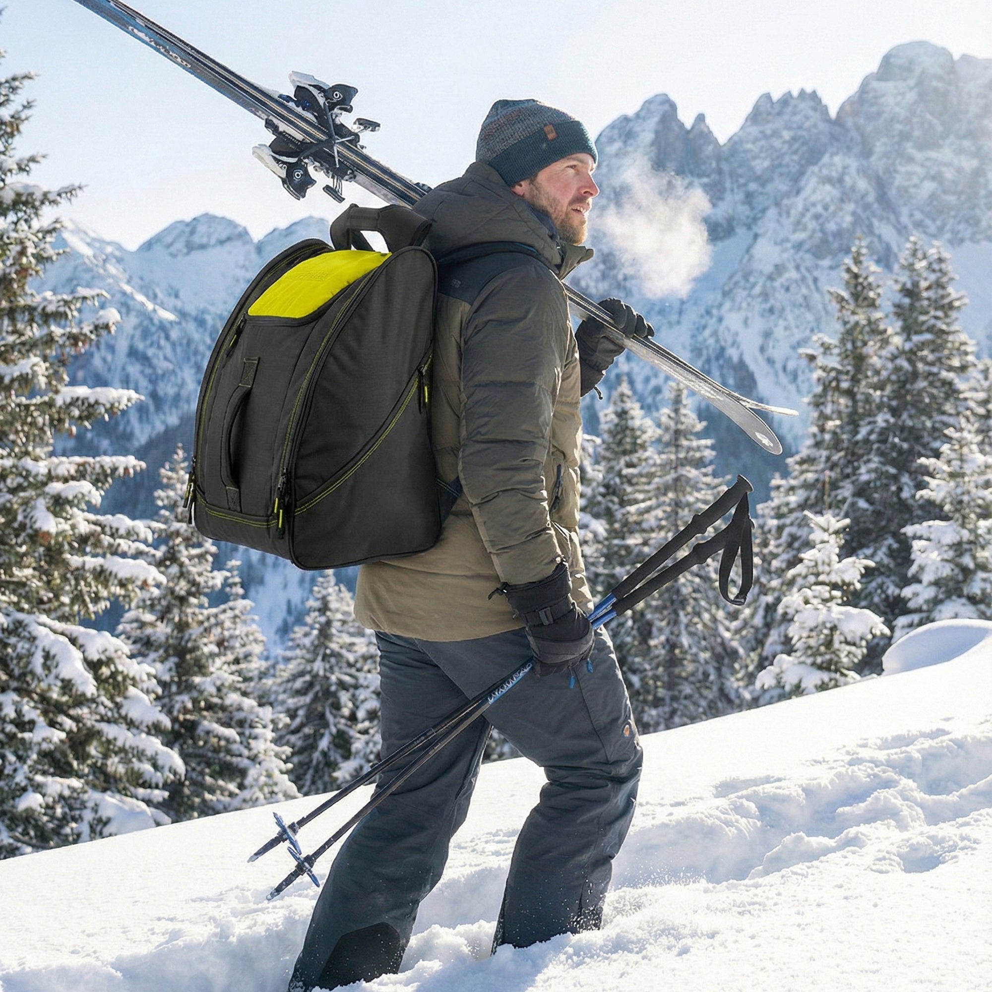 Sportube Traveler Boot Bag, 45L Ski & Snowboard Gear Backpack for Travel, Citrus - VMInnovations