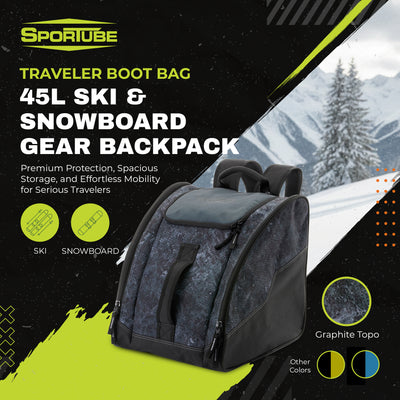 Sportube Traveler Boot Bag, 45L Ski & Snowboard Gear Backpack, Graphite Topo - VMInnovations