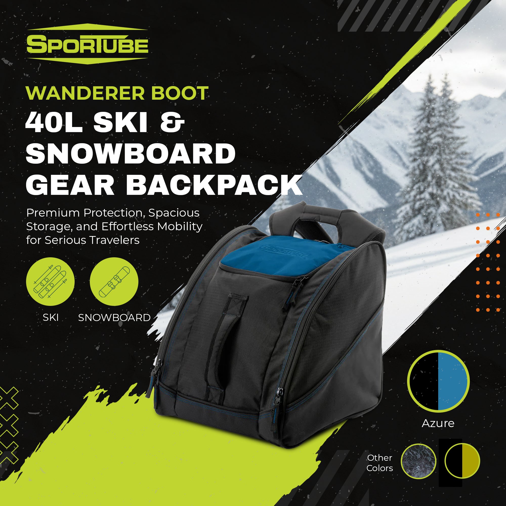 Sportube Wanderer Boot Bag, 50L Ski & Snowboard Gear Backpack for Travel, Azure - VMInnovations