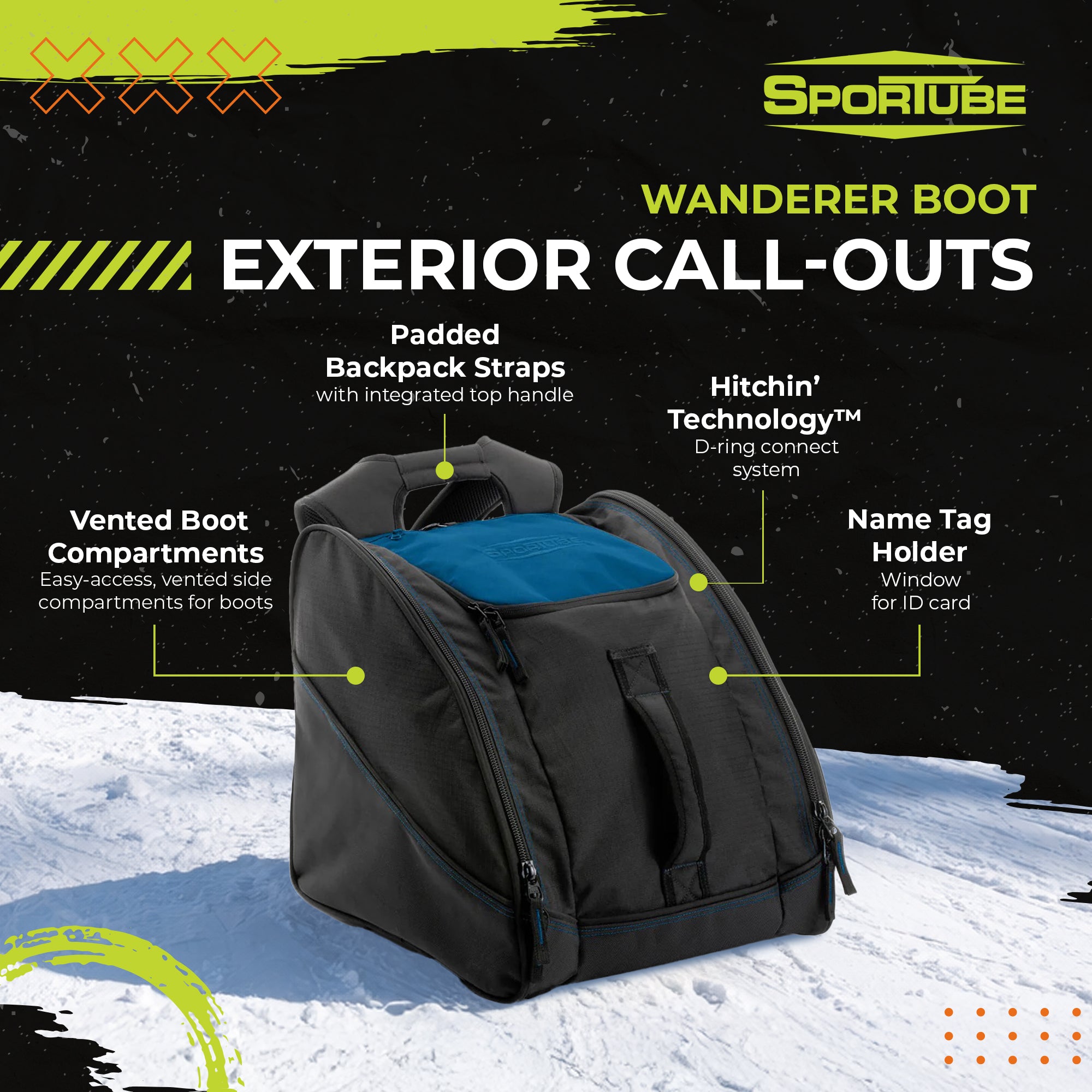 Sportube Wanderer Boot Bag, 50L Ski & Snowboard Gear Backpack for Travel, Azure - VMInnovations