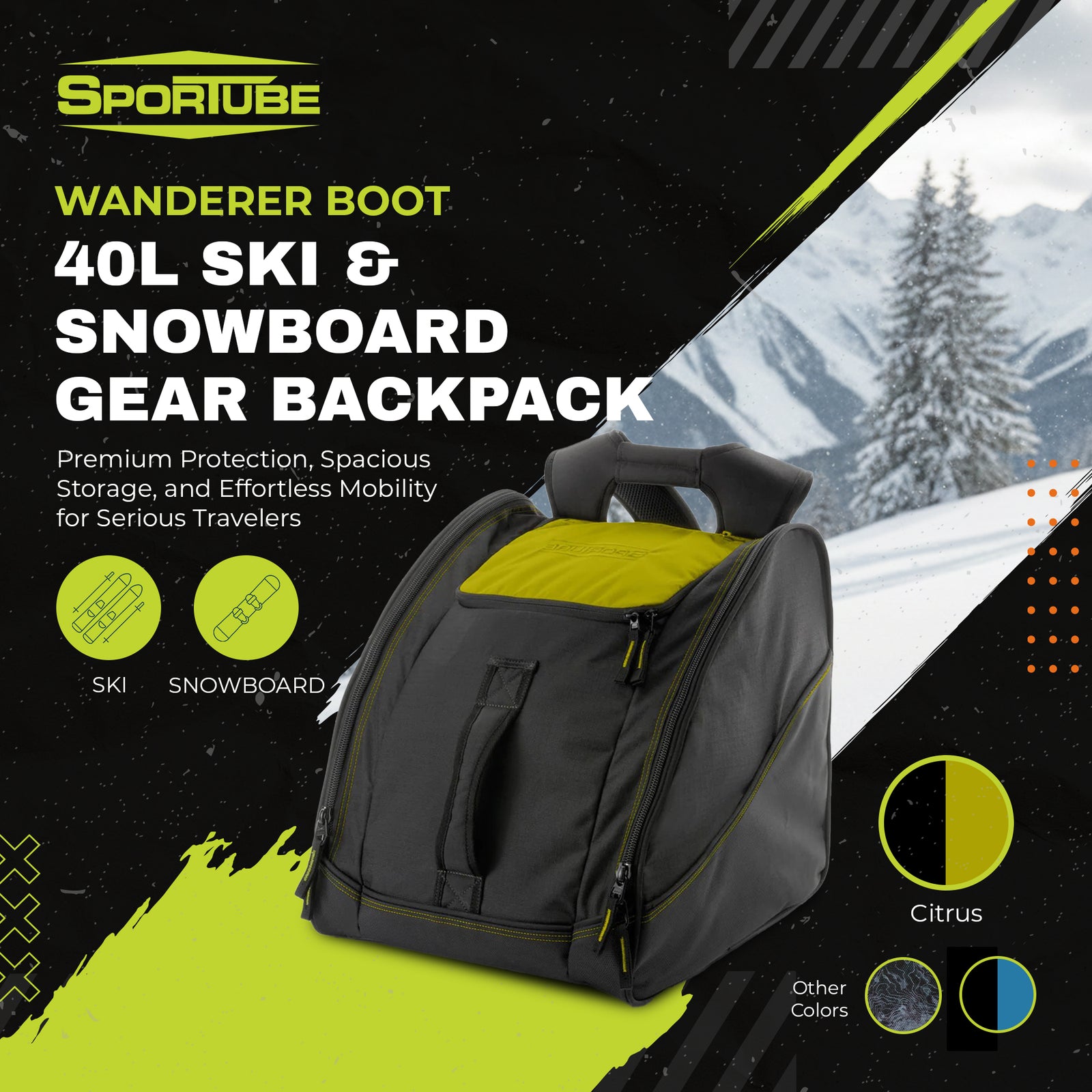 Sportube Wanderer Boot Bag, 50L Ski & Snowboard Gear Backpack for Travel, Citrus - VMInnovations