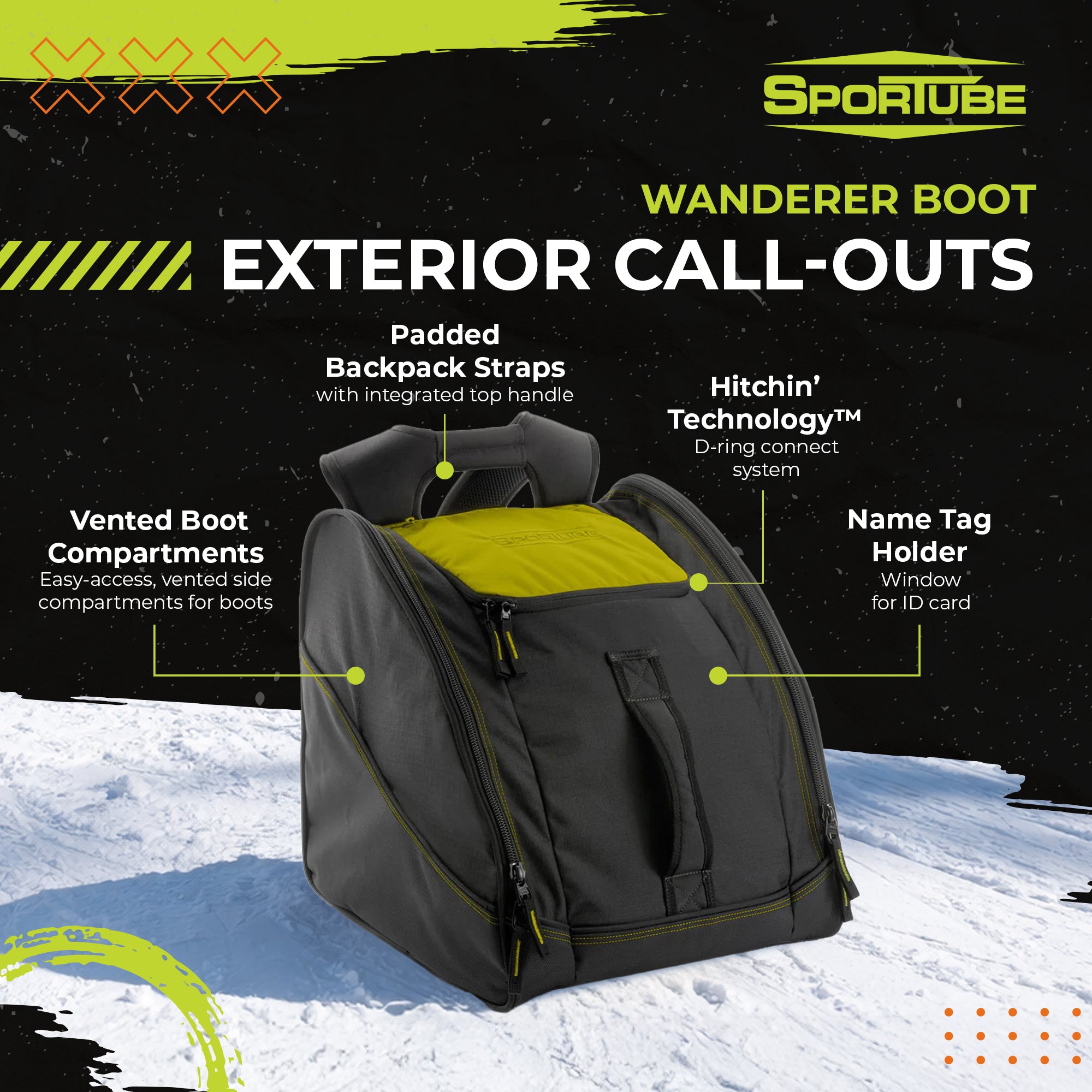 Sportube Wanderer Boot Bag, 50L Ski & Snowboard Gear Backpack for Travel, Citrus - VMInnovations
