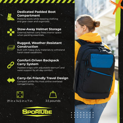 Sportube Overheader Boot and Gear Backpack, Carry-on Travel Bag, Azure - VMInnovations