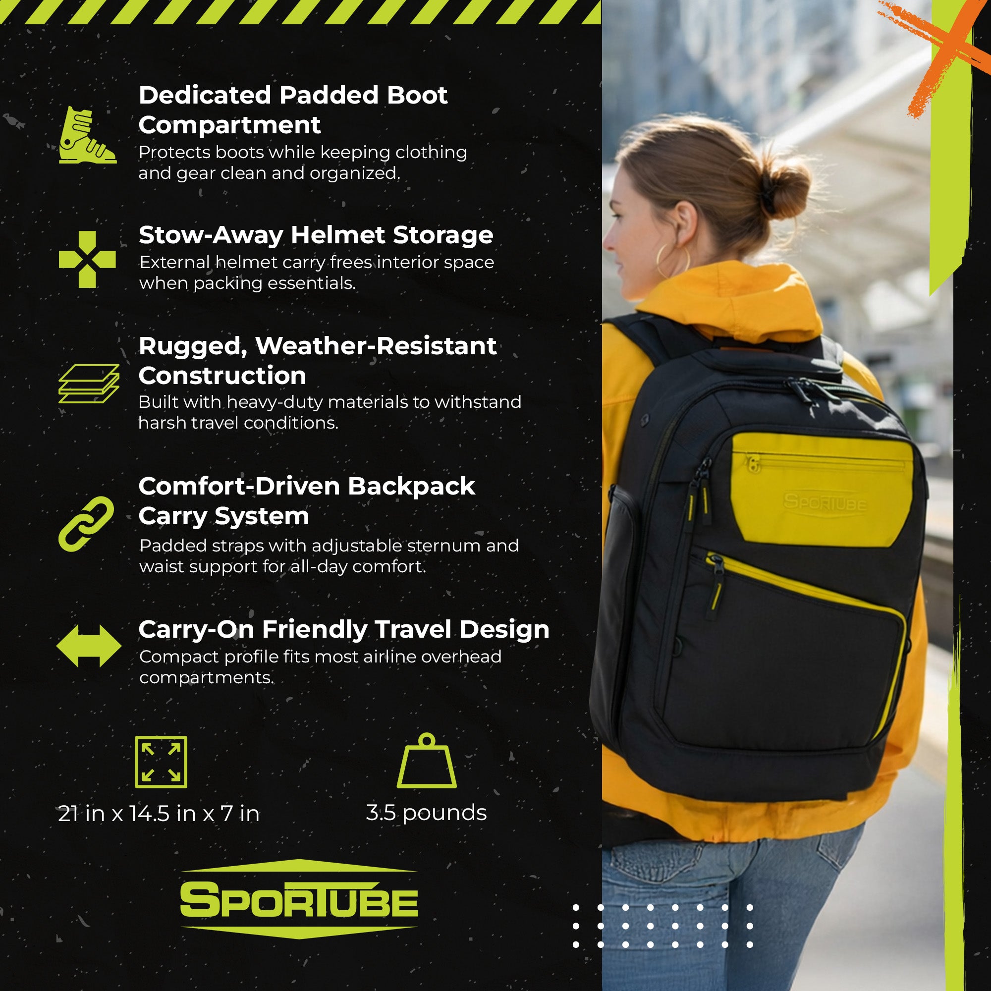Sportube Overheader Boot and Gear Backpack, Carry-on Travel Bag, Citrus - VMInnovations