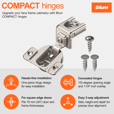 Blum COMPACT hinge, 50 Pack, 1-1/4" Overlay, 110° Opening Angle, Concealed Hinge