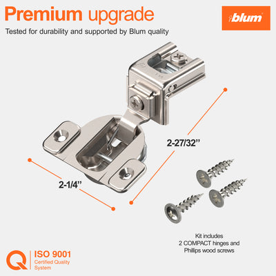Blum COMPACT hinge, 50 Pack, 1-1/4" Overlay, 110° Opening Angle, Concealed Hinge