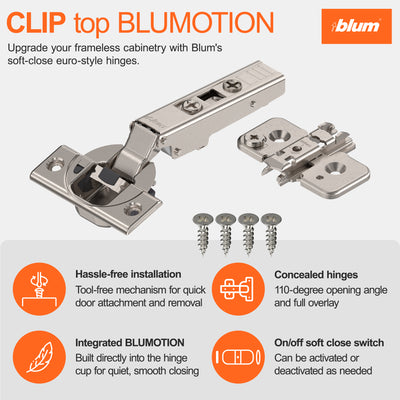 Blum CLIP top BLUMOTION Hinge Kit (1 Kit) Soft Close Euro-Style Hinge (Open Box) - VMInnovations