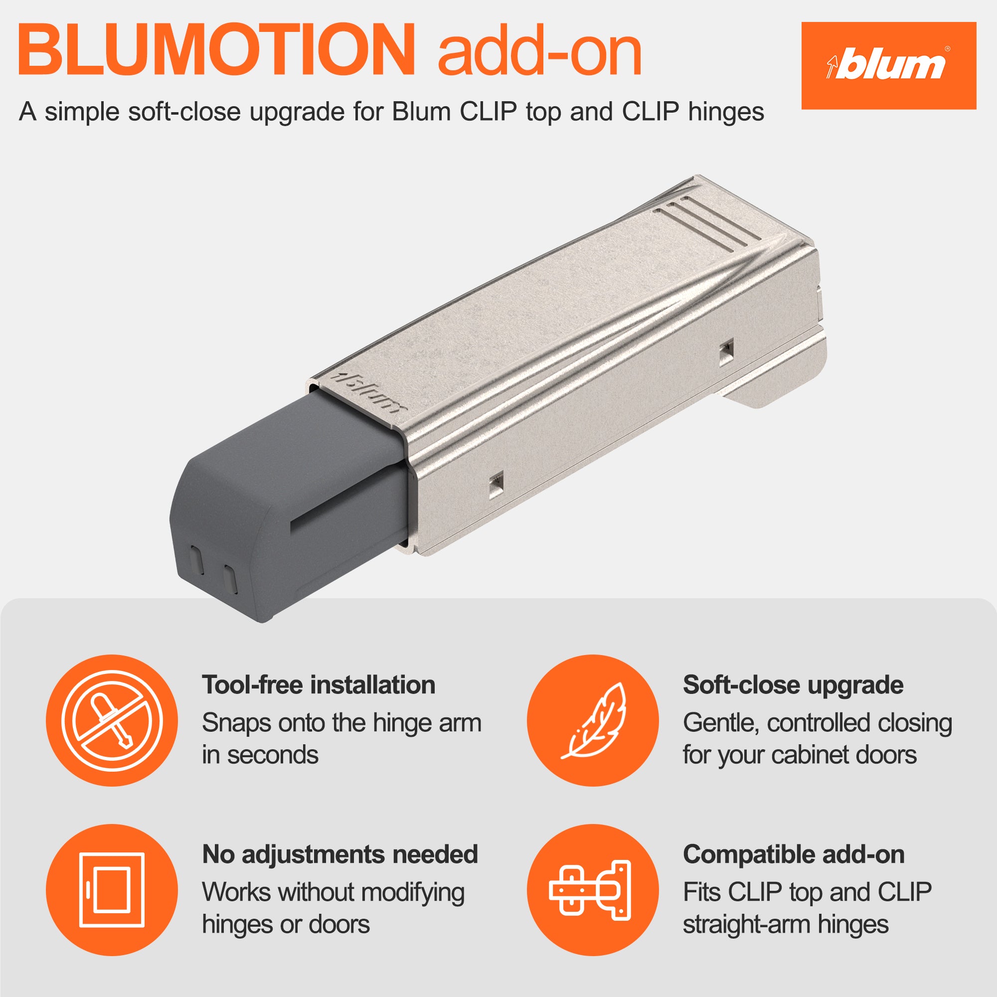 Blum BLUMOTION Add-On for Doors (1 Add On), Soft Close for CLIP top and CLIP Hinges, Steel, Tool-Free Installation for Overlay Cabinet Applications