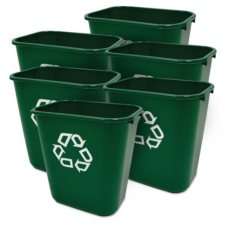 Rubbermaid Resin Deskside Recycling Trash Can, 7-Gal Plastic Bin, Green, 6 Pack