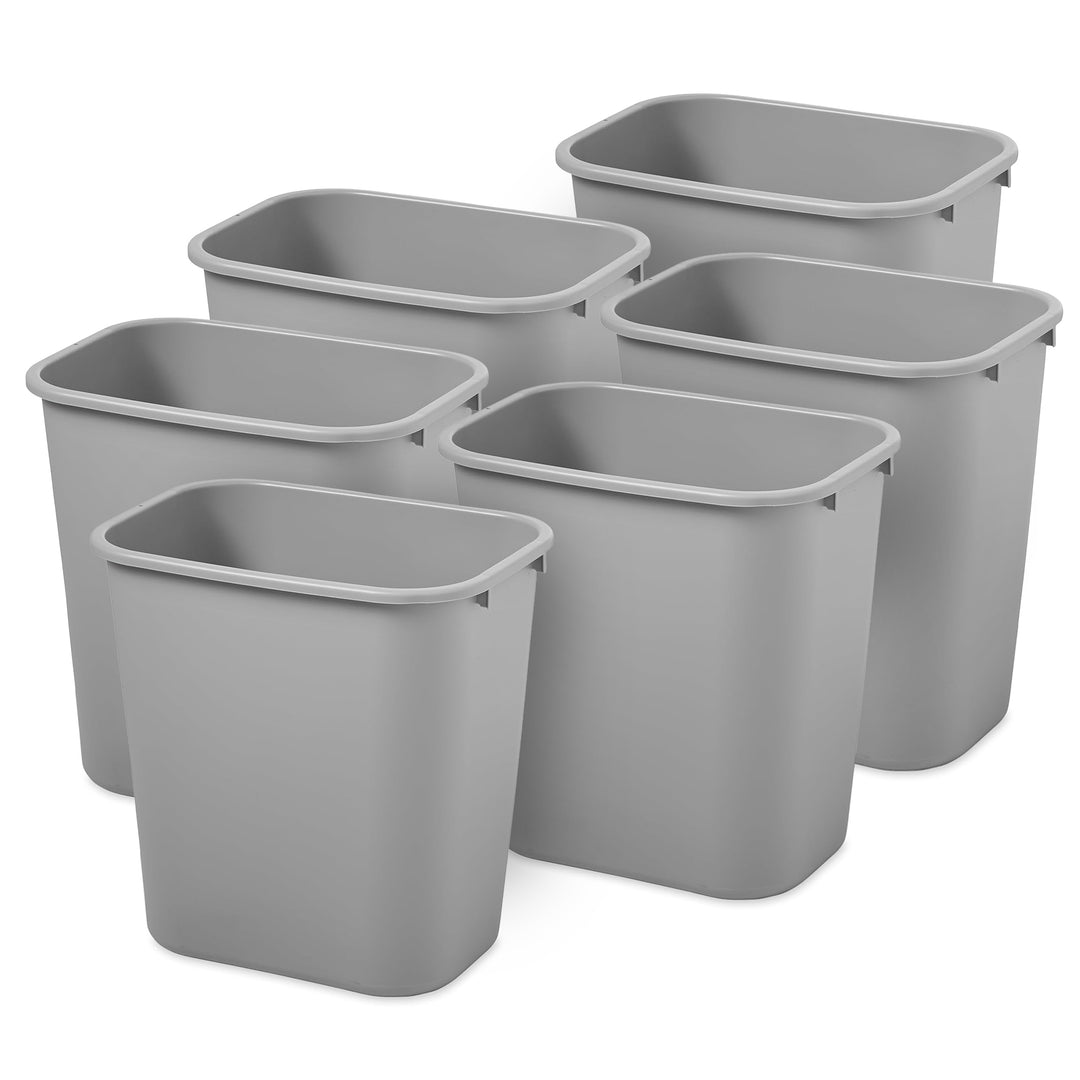 Rubbermaid Resin Wastebasket, Plastic Under Desk Trash Can, 7 Gal, Gray, 6 Pack
