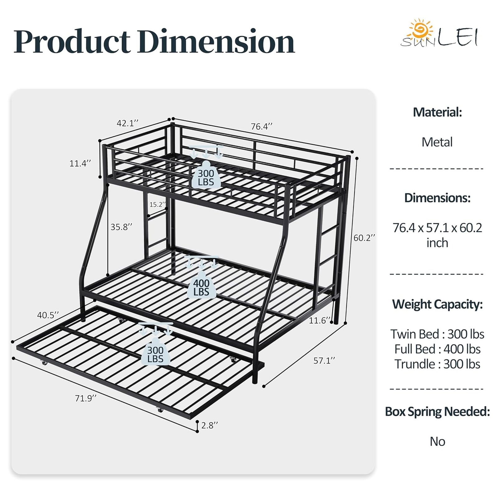 SUNLEI Twin Over Full Bunk Bed w/Trundle, Metal Loft Bed Frame, Black (Open Box) - VMInnovations