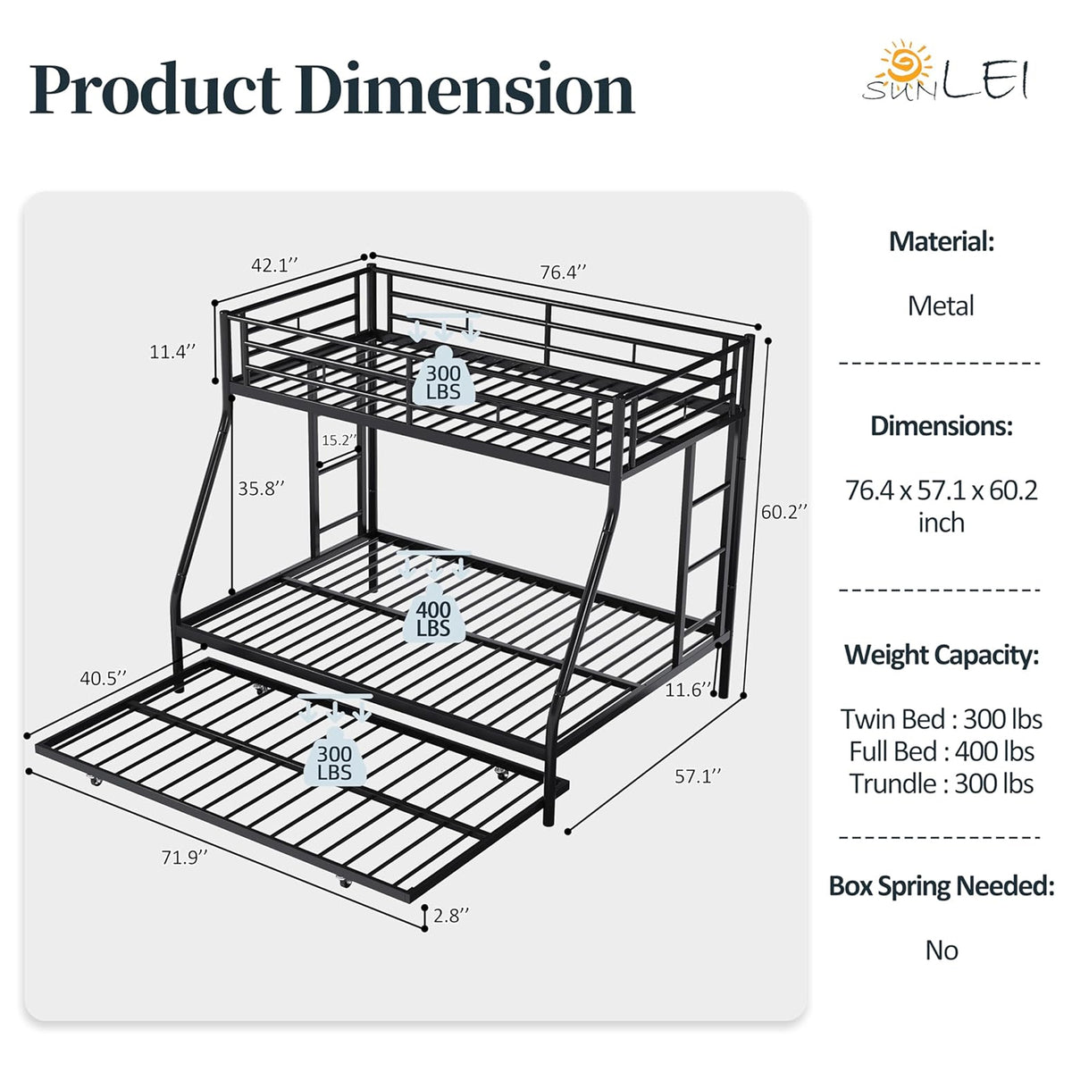SUNLEI Twin Over Full Bunk Bed with Trundle, Metal Loft Bed Frame, Black (Used) - VMInnovations