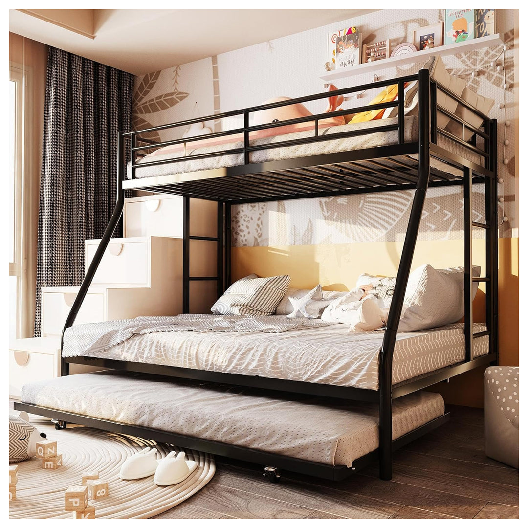SUNLEI Twin Over Full Bunk Bed w/Trundle, Metal Loft Bed Frame, Black (Open Box) - VMInnovations