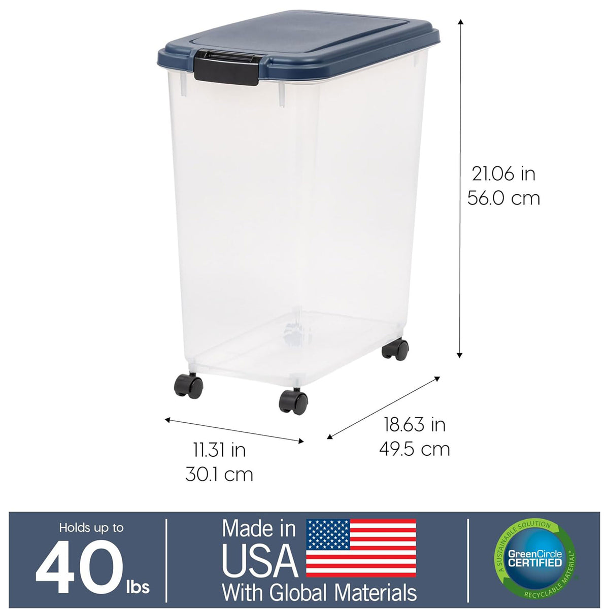IRIS USA Pet Food Storage, Airtight Bin w/Attachable Wheels, 40 lbs (Open Box)