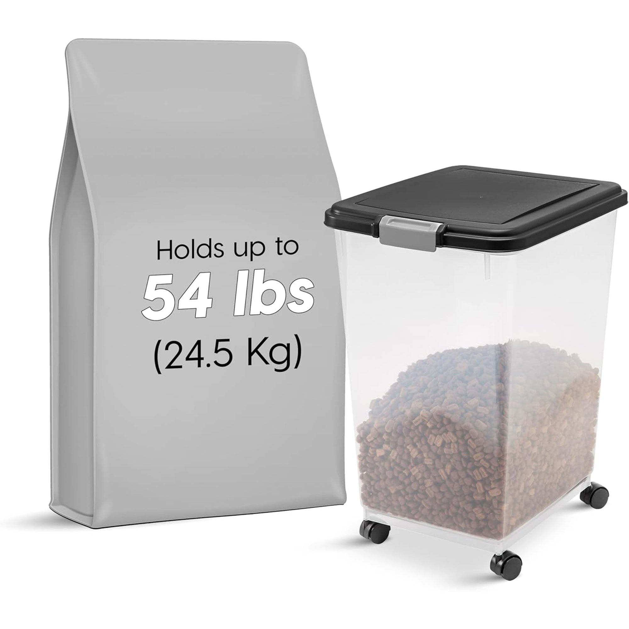 IRIS USA Pet Food Container, Airtight Bin w/Attachable Wheels, 54lbs (Open Box) - VMInnovations