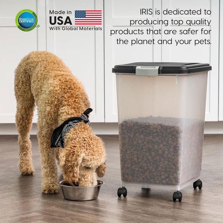 IRIS USA Pet Food Storage Container, Airtight Bin with Attachable Wheels, 54 lbs