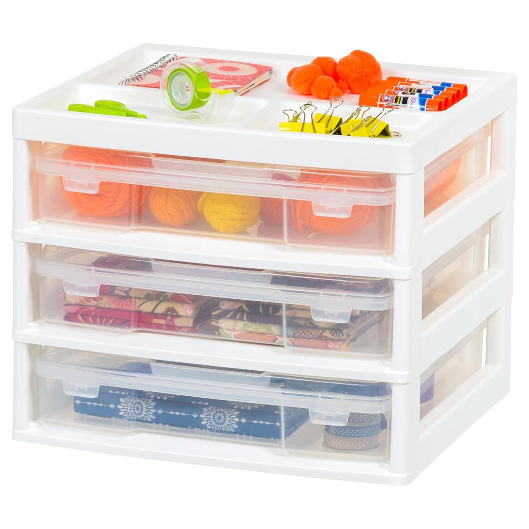 IRIS USA 3-Tier Desk Top Storage Unit w/ Organizer Top & Built-In Handles, Clear