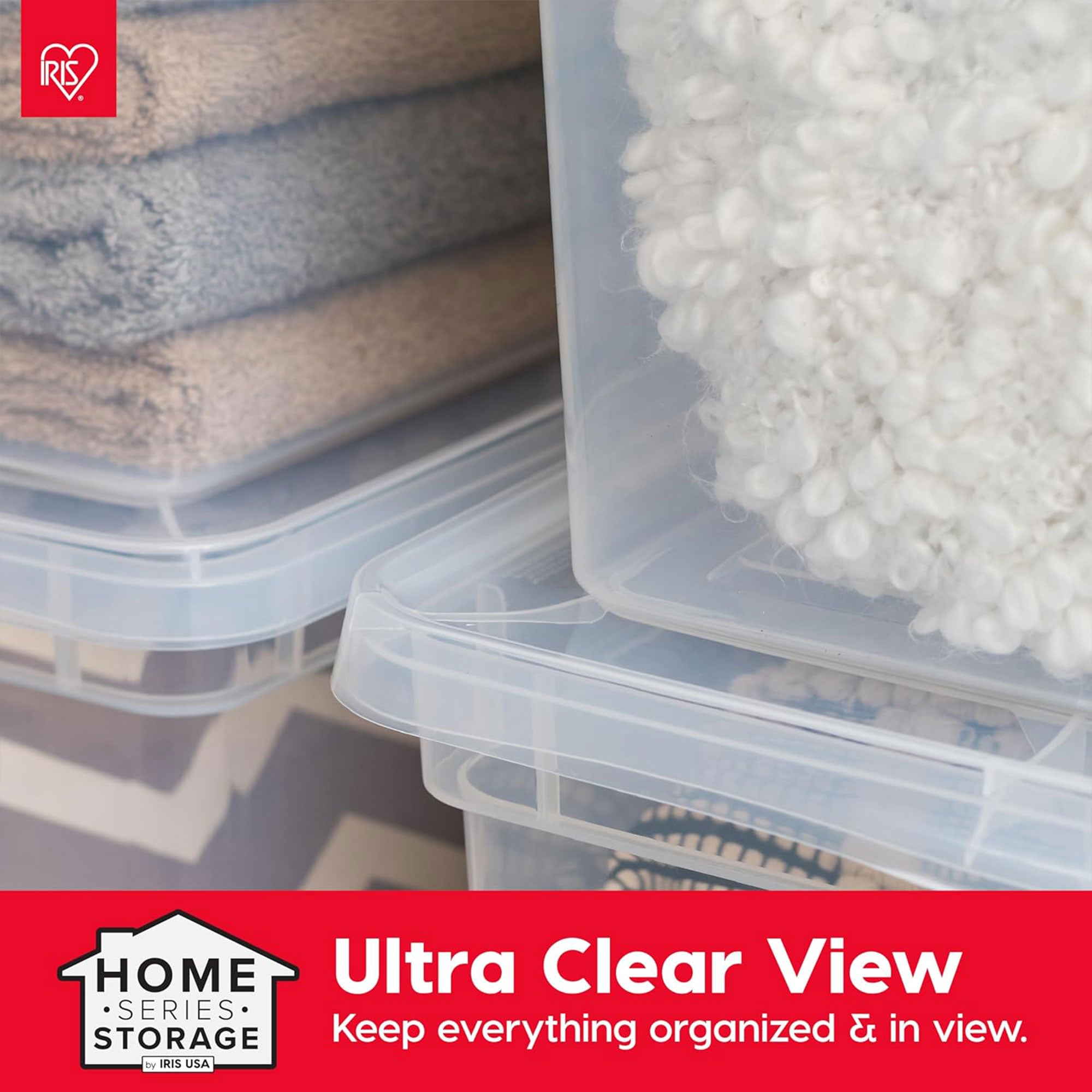 IRIS USA 12 Pack Storage Bins with Lids, 68Qt Clear Plastic Stackable Containers