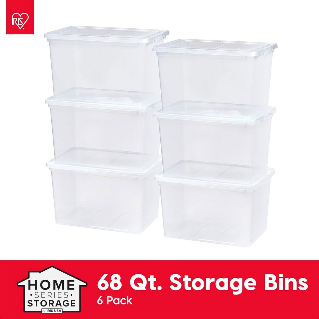 IRIS USA Storage Bins with Lids, 68Qt Clear Plastic Stackable Containers, 6 Pack