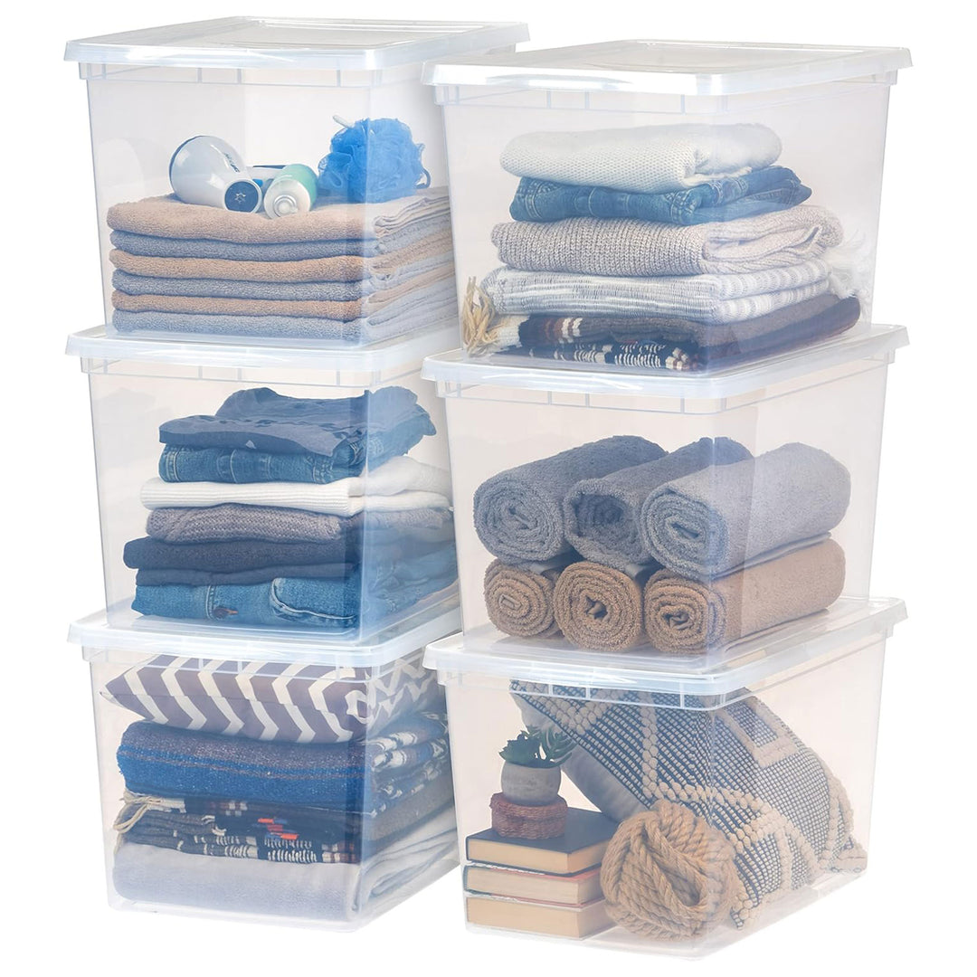 IRIS USA Storage Bins with Lids, 68Qt Clear Plastic Stackable Containers, 6 Pack